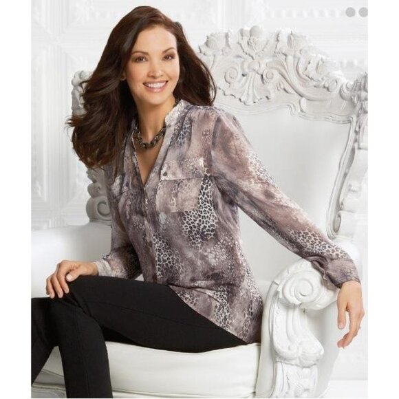 Jockey Women's Long Sleeve Print Blouse in Gray & Black - Sz Small - Picture 1 of 5